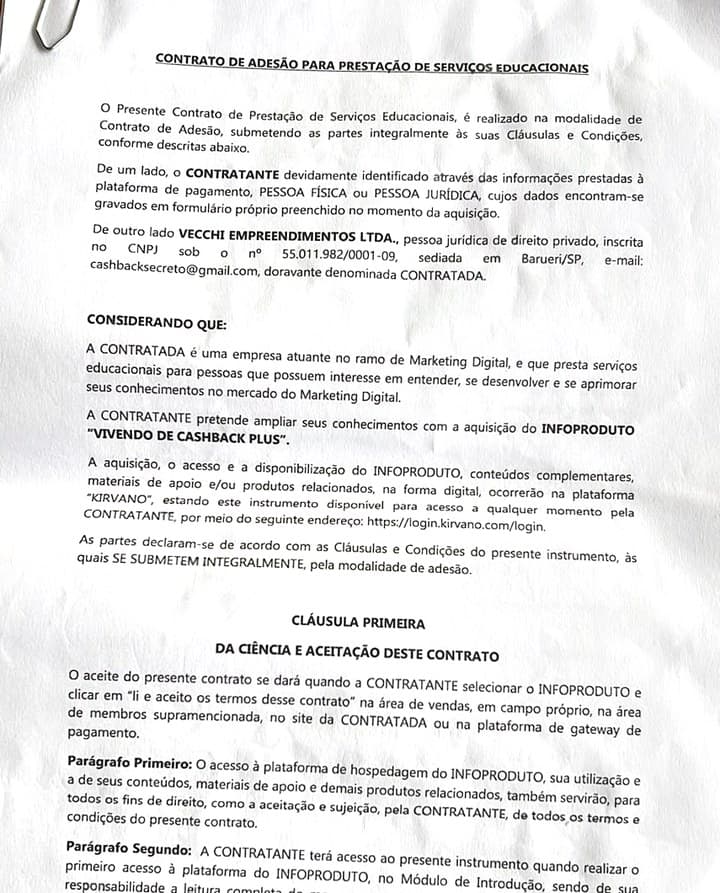 Página de rosto do contrato de adesão do Vivendo de Cashback
